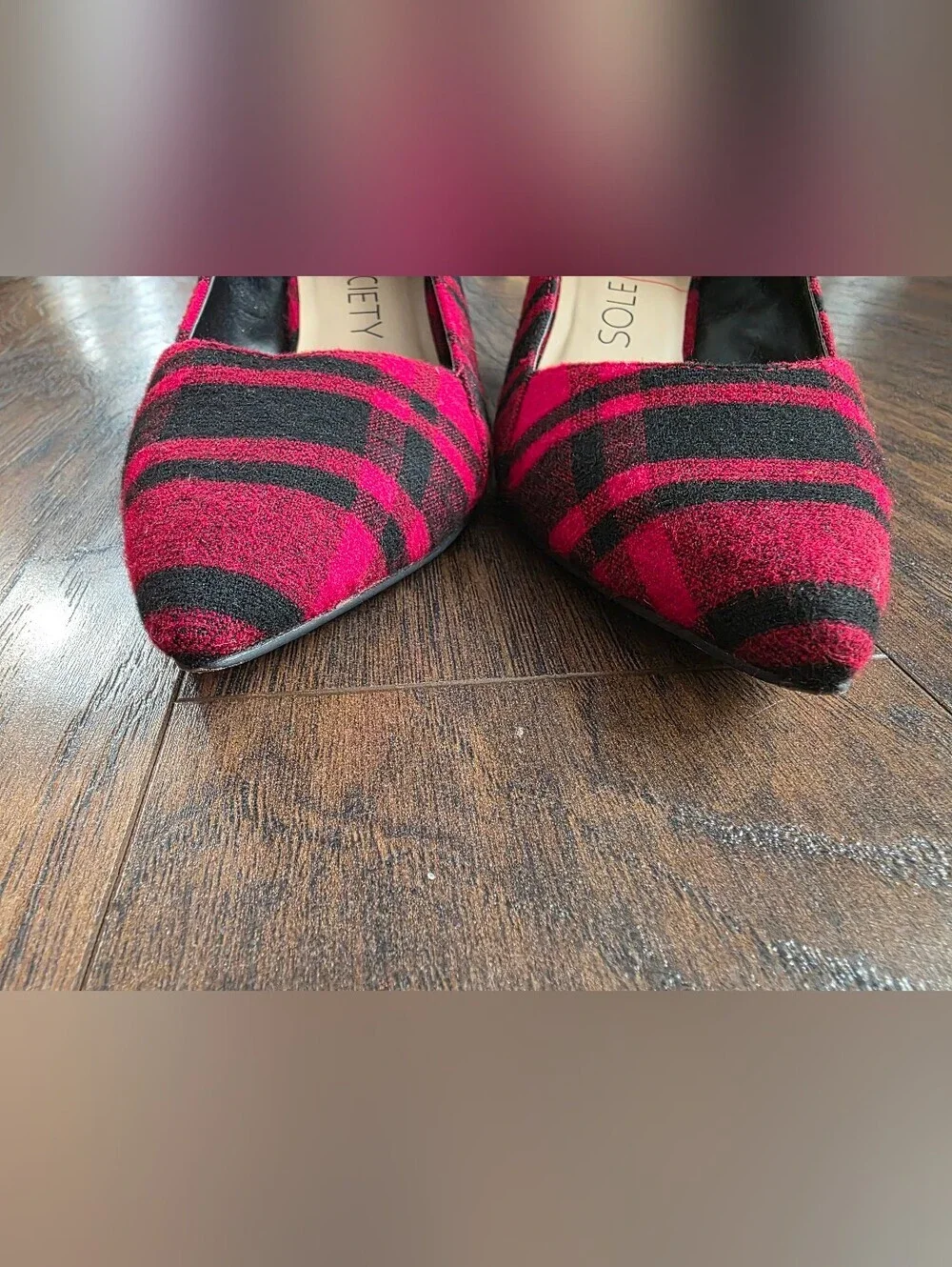 Sole Society Red and Black Plaid Pointed-Toe Heels